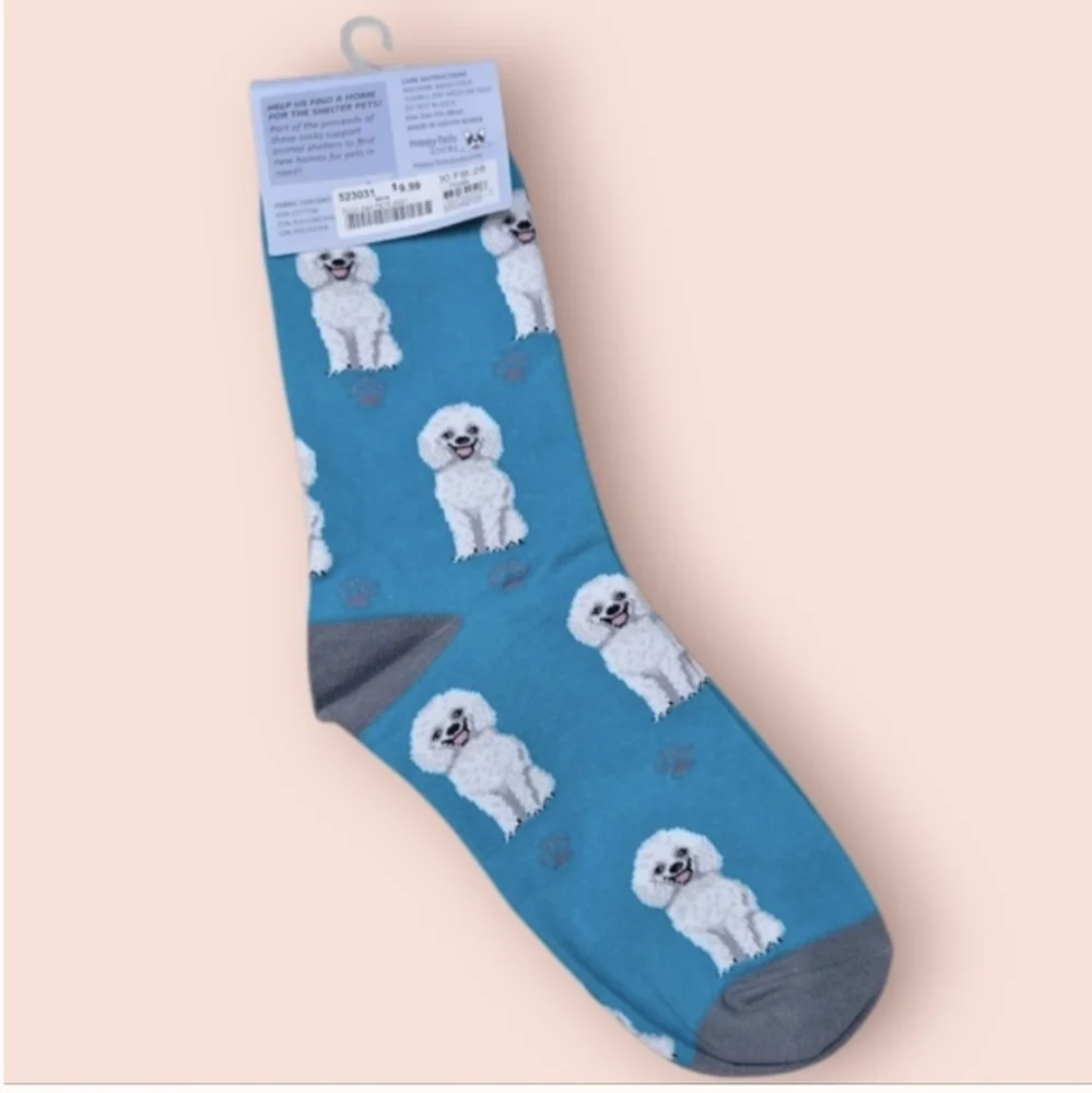 ❤️ 2/$12 NWT Happy Tails Teal Poodle Dog Crew Unisex Novelty Dog Socks Blue